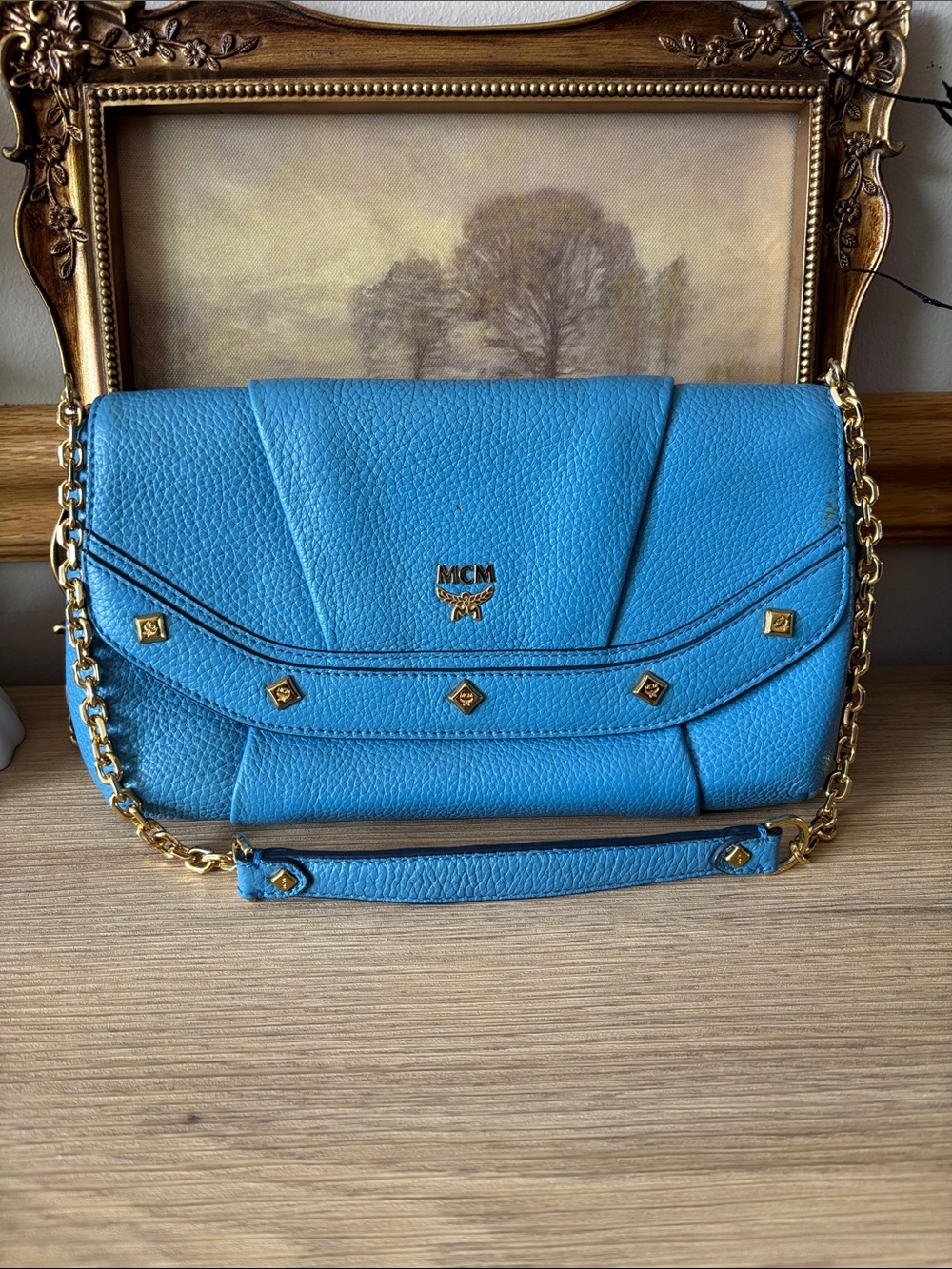 MCM Blue Pebbled Leather Shoulder Bag with Gold Chain
